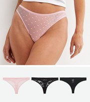 New Look 3 Pack Black Embroidered Lace and Pink Mesh Thongs